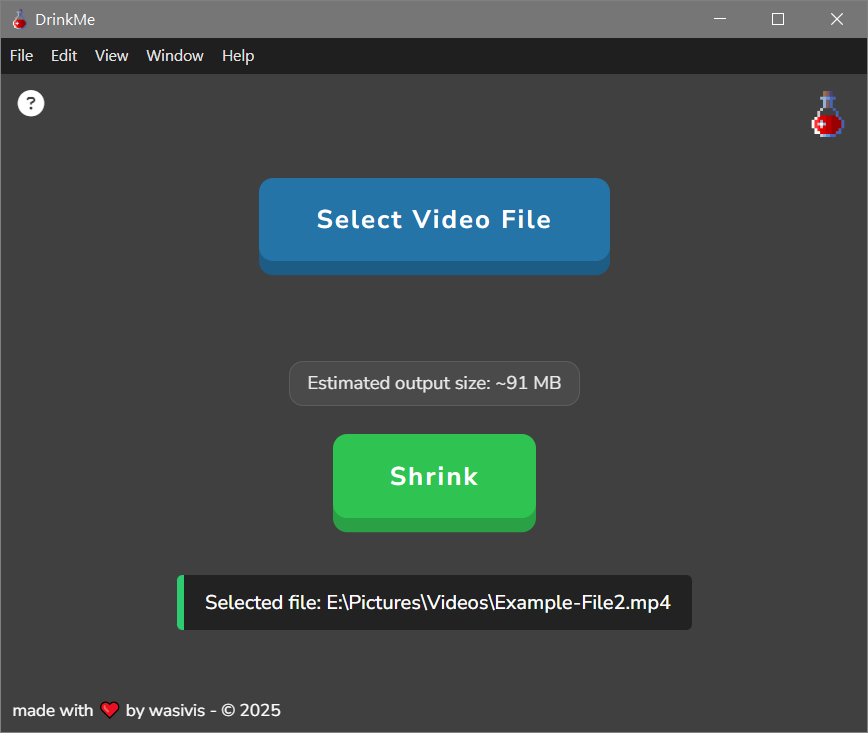 DrinkMe video compression app showing its video selection and compression interface