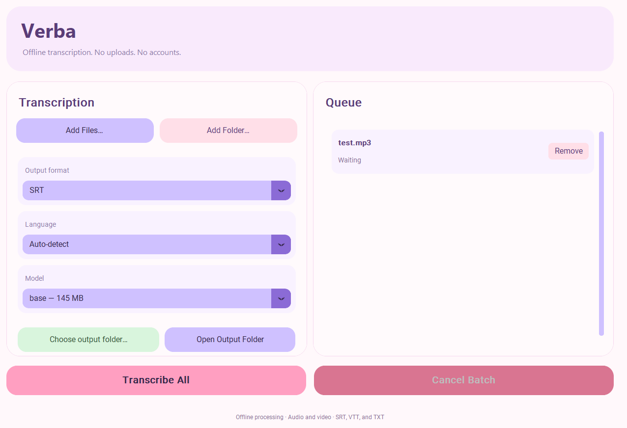 Screenshot of Verba's offline transcription app